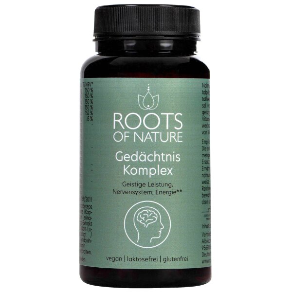 ROOTS OF NATURE Gedächtnis Komplex Vitalpilz-Komplex Kapseln (60 Stk.) –  Cordyceps, Hericium, Chaga, Ginseng, Ginko, Vitamine, pflanzliches Nahrungsergänzungsmittel, vegan